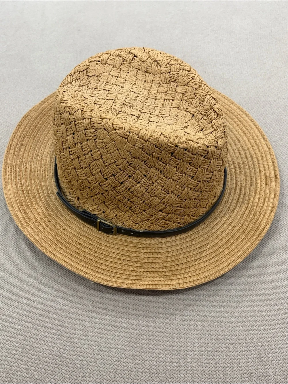 Woven Straw Fedora Hat with Black Band - Tan